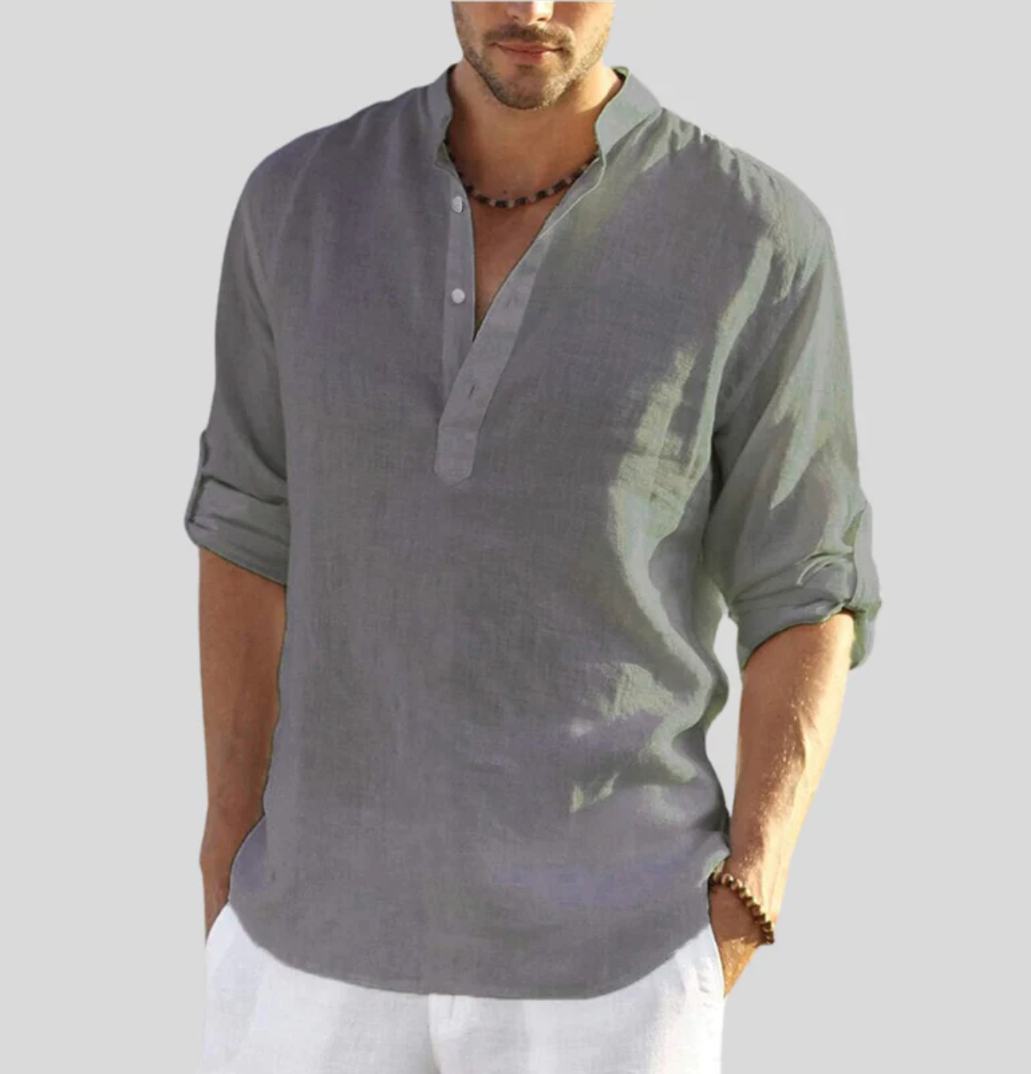 Herren Langarmhemd mit Knöpfen Baumwolle Relaxed Fit Weiß