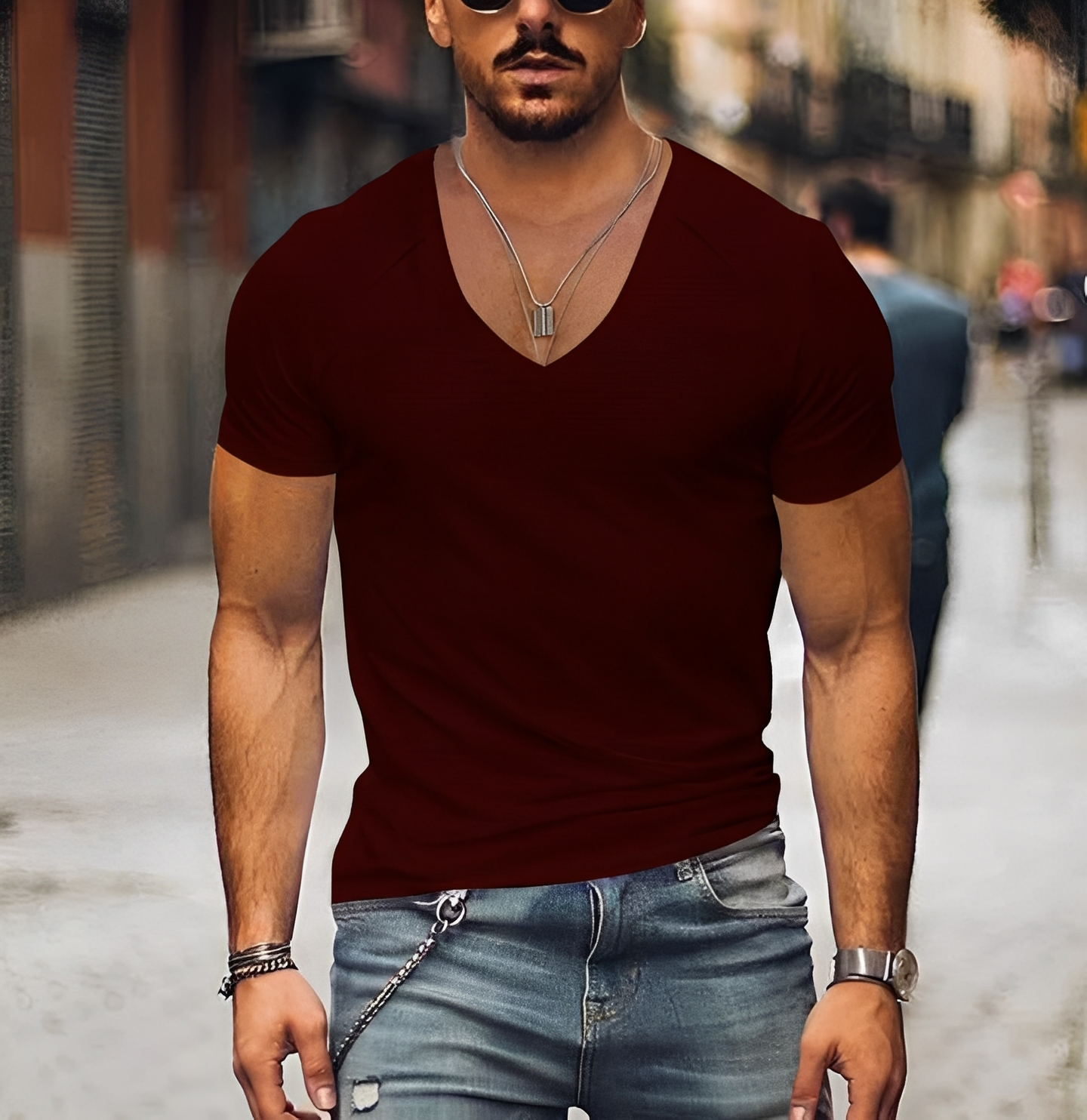 Herren T-Shirt V-Ausschnitt Modern Baumwolle Weiß