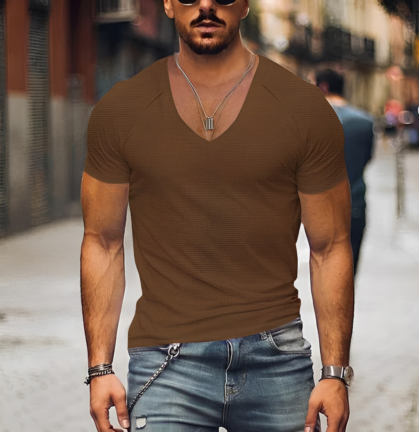 Herren T-Shirt V-Ausschnitt Modern Baumwolle Weiß