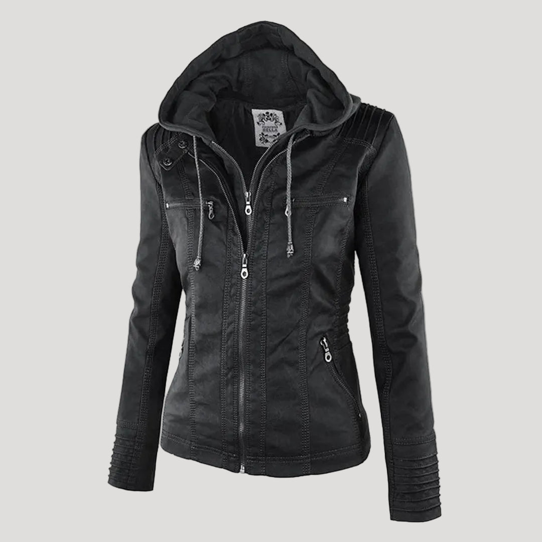 Damen Faux Lederjacke Wetterfest Kapuze Schwarz - Norvielle