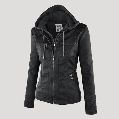 Damen Faux Lederjacke Wetterfest Kapuze Schwarz - Norvielle