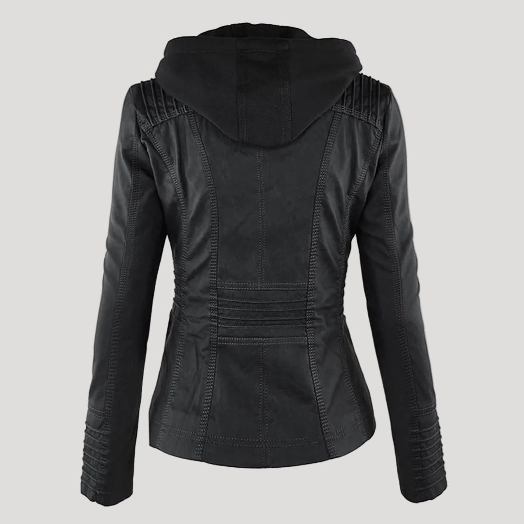 Damen Faux Lederjacke Wetterfest Kapuze