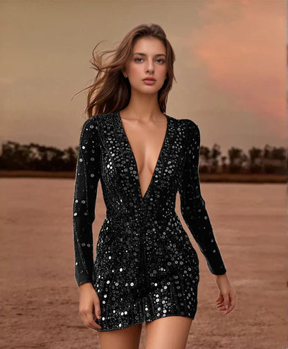 Damen Paillettenkleid Gold Durchsichtig Partykleid