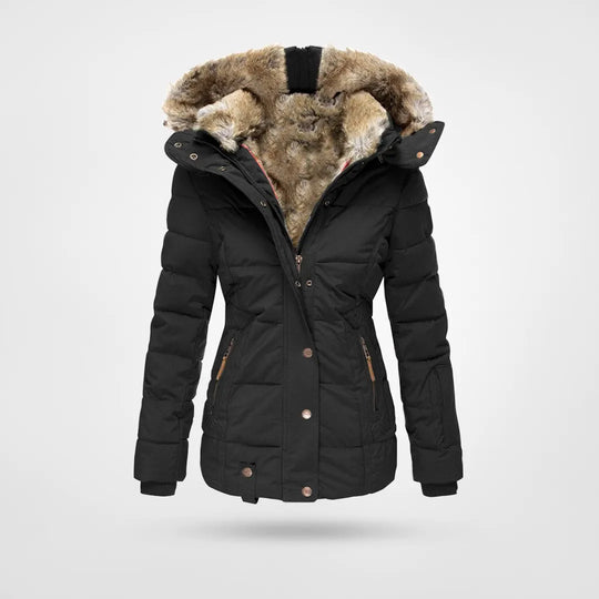 Damen Winterjacke Fellfutter Kapuze Schwarz - Norvielle