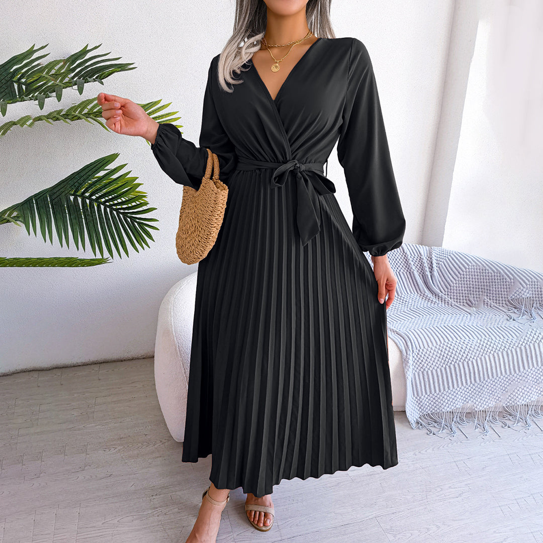 Damen Maxikleid V-Ausschnitt Taillengürtel Plisseerock