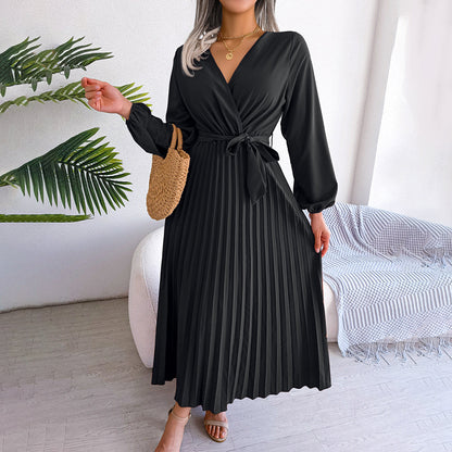 Damen Maxikleid V-Ausschnitt Taillengürtel Plisseerock