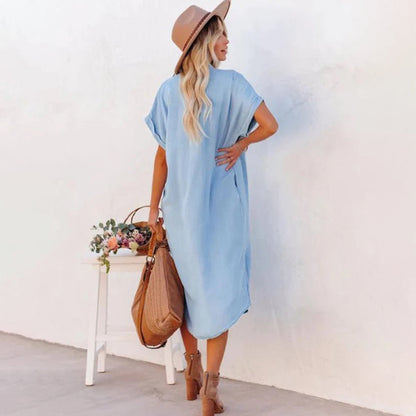 Damen Blaues Leichtes Sommerkleid Atmungsaktives Baumwolle - Norvielle