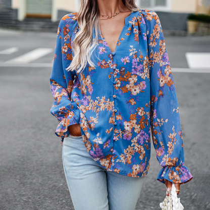 Damen Sommerbluse V-Ausschnitt Langarm Blumenmuster