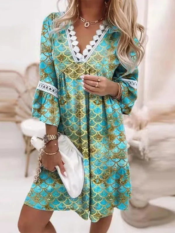 Blumenmuster-Tunika mit Spitze - Bohemian Damenkleid