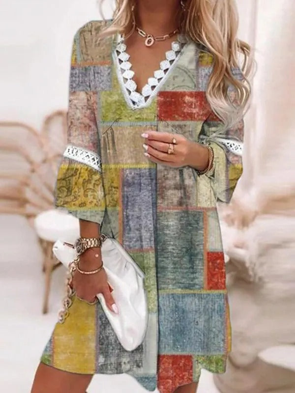 Blumenmuster-Tunika mit Spitze - Bohemian Damenkleid