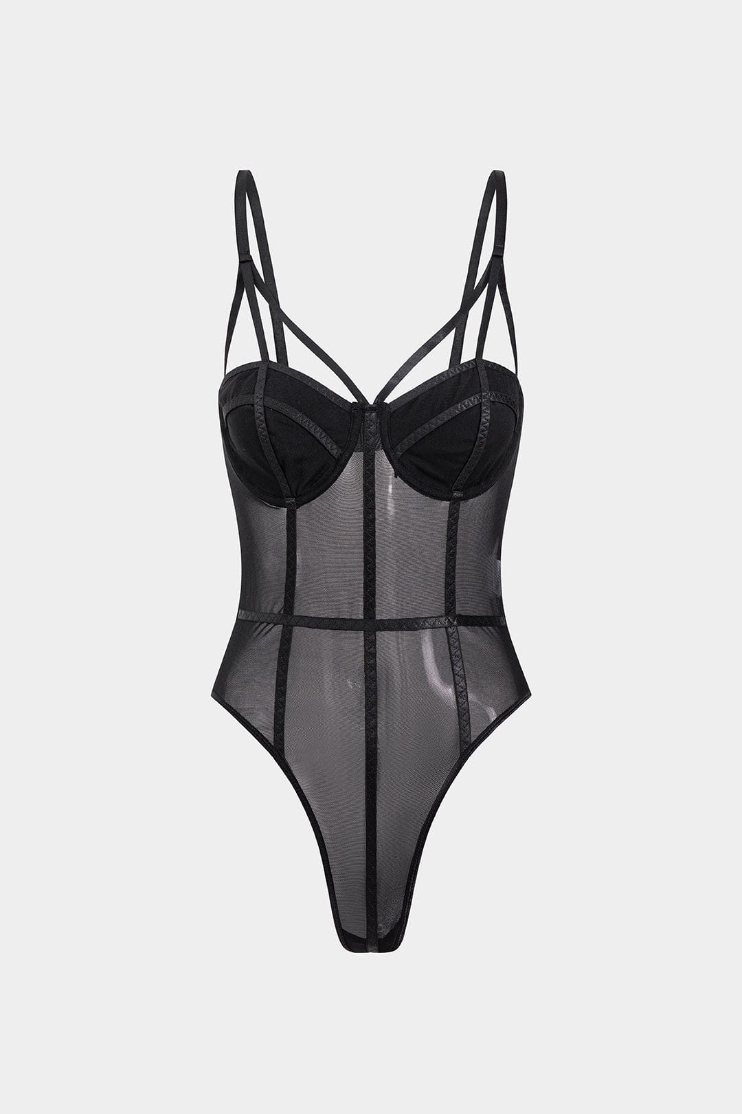 Damen Spaghettiträger-Body Schwarz Atmungsaktives Mesh mit Bügel-Cups - Norvielle