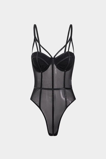 Damen Spaghettiträger-Body Schwarz Atmungsaktives Mesh mit Bügel-Cups - Norvielle
