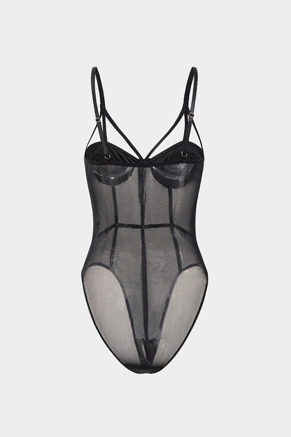 Damen Spaghettiträger-Body Atmungsaktives Mesh mit Bügel-Cups