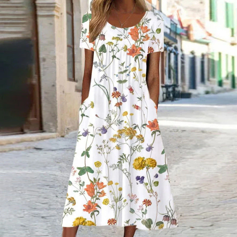 Damen Sommerkleid Blumenmuster Midi mit Taschen