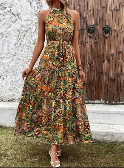 Damen Retro Maxi Kleid Halterneck Vintage-Inspiriert