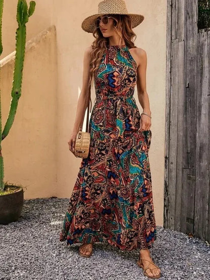 Damen Retro Maxi Kleid Halterneck Vintage-Inspiriert