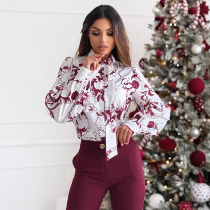 Norvielle Damen Langarmshirt Fliege Kragen Elegant Weiss