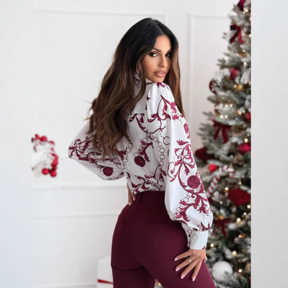 Norvielle Damen Langarmshirt Fliege Kragen Elegant Weiss - Norvielle