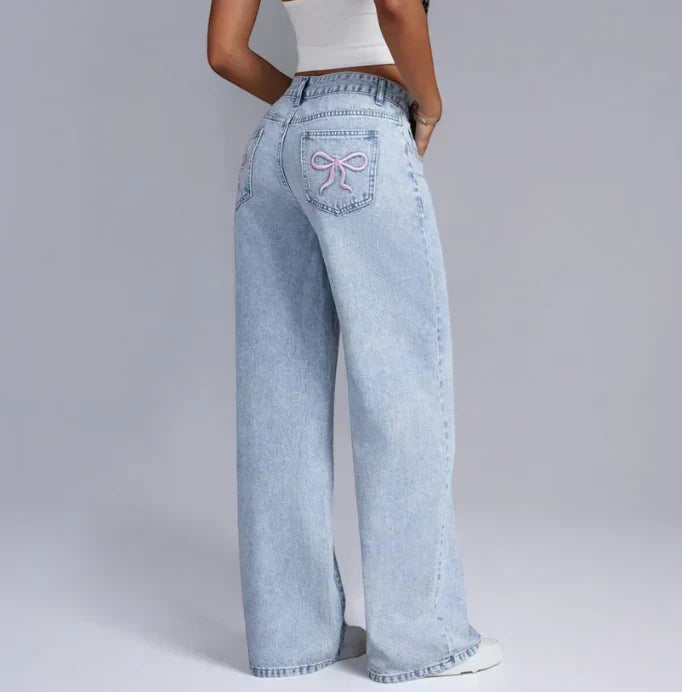 Damen Weite Jeans Schleifendetails Dunkelblau