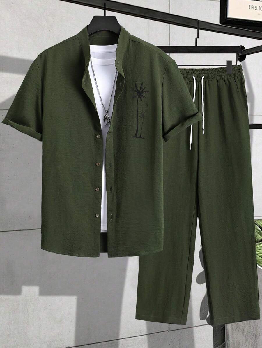 Herren Resort-Set Palmen-Stickerei Hemd Lange Hose
