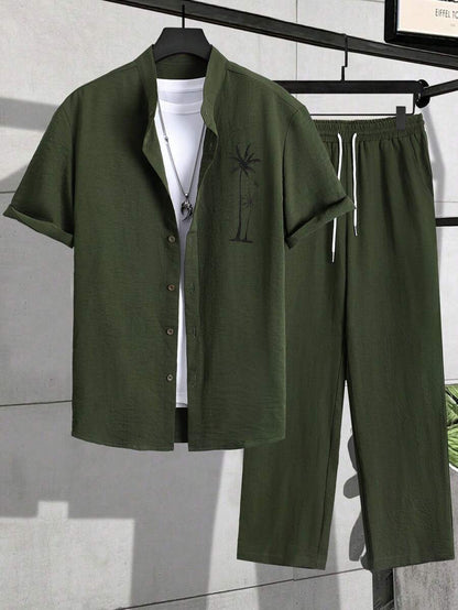 Herren Resort-Set Palmen-Stickerei Hemd Lange Hose