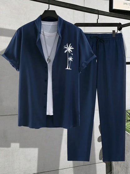 Herren Resort-Set Palmen-Stickerei Hemd Lange Hose