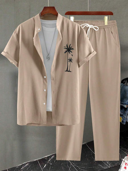 Herren Resort-Set Palmen-Stickerei Hemd Lange Hose