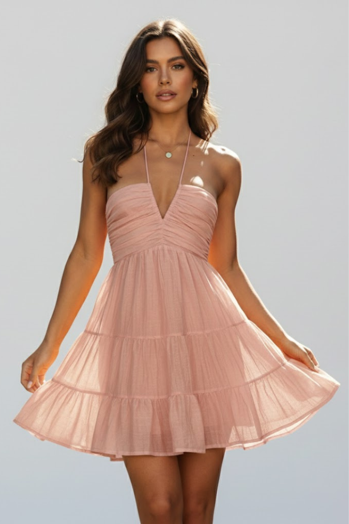 Damen Neckholder Kleid mit Rüschenrock Stufenrock