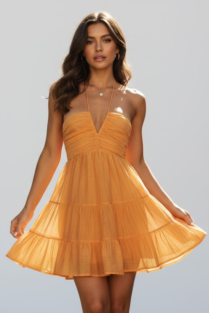 Damen Neckholder Kleid mit Rüschenrock Stufenrock