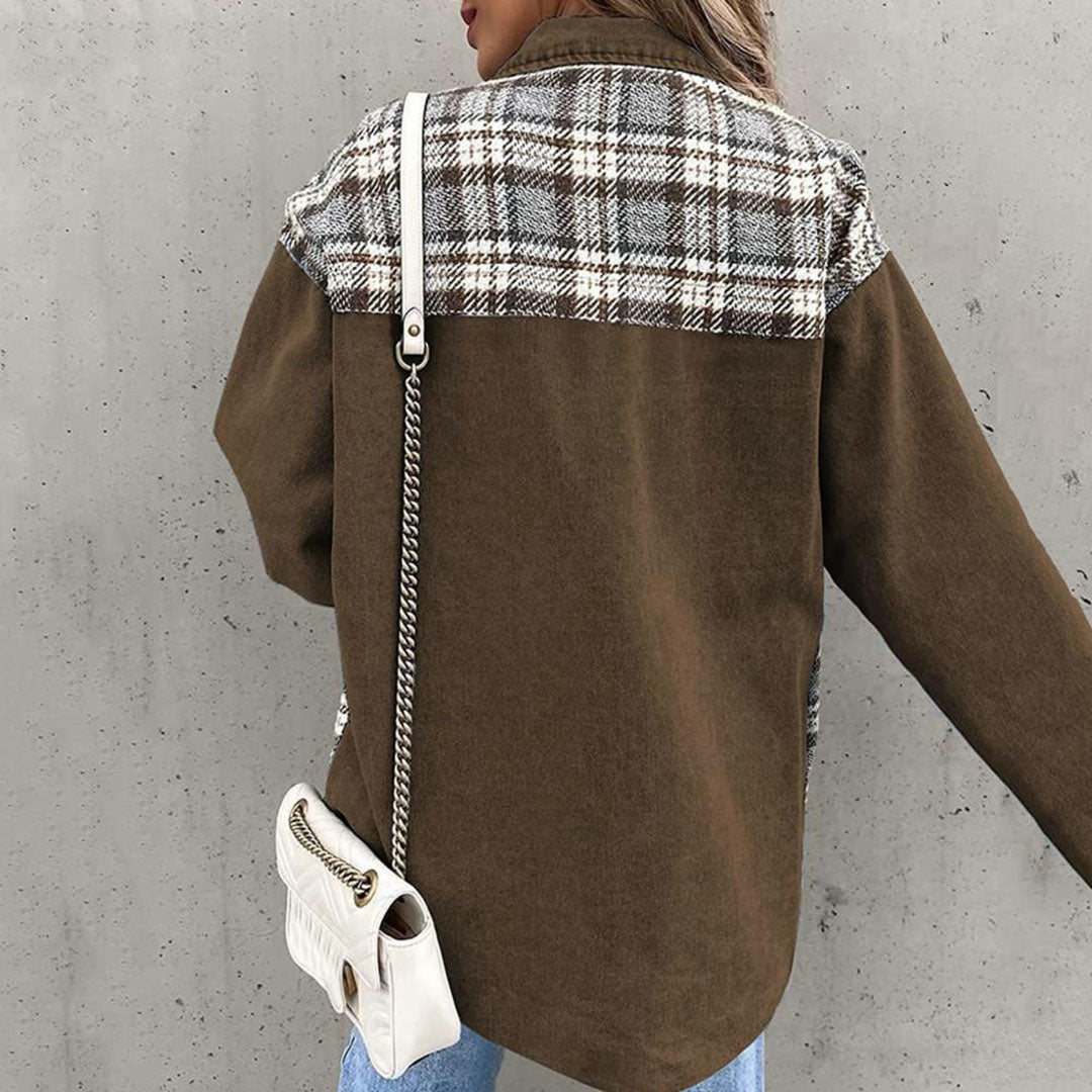 Damenjacke Kariert Denim-Look mit Knöpfen und Kragen