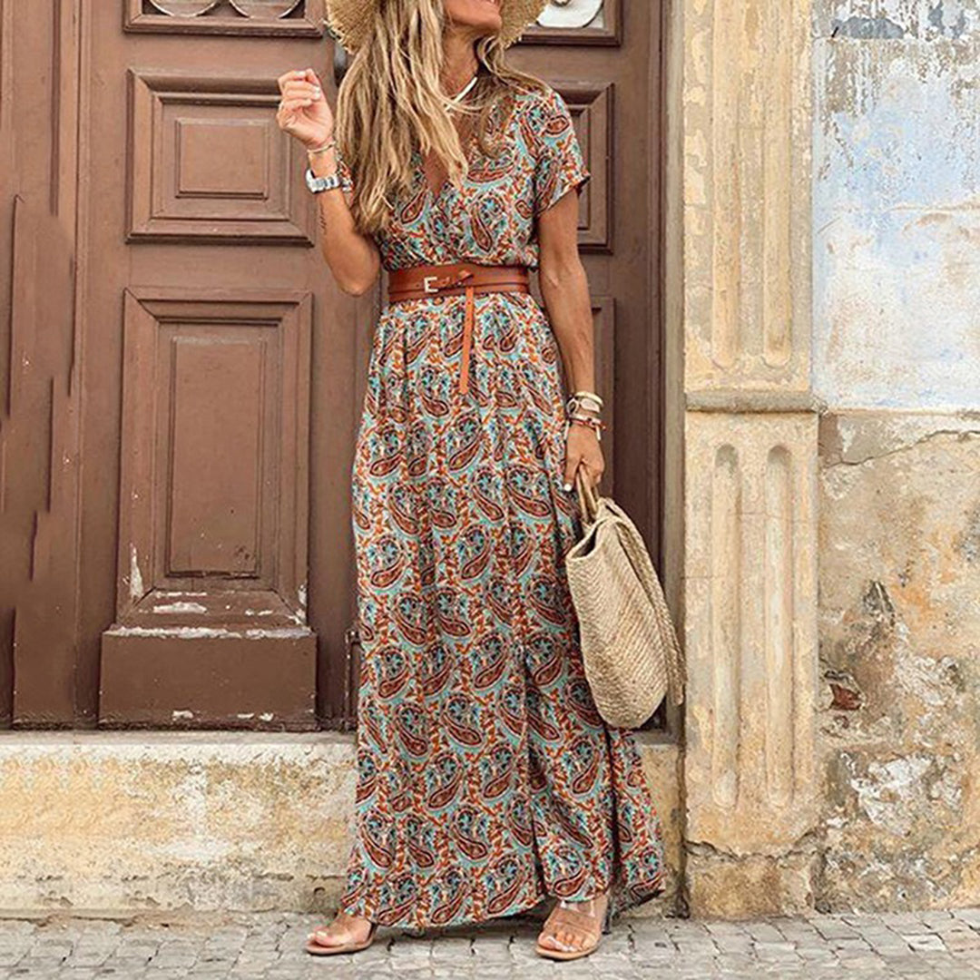 Damen Maxi Sommerkleid V-Ausschnitt Beinschlitz Bindegürtel Luftig