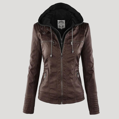 Damen Faux Lederjacke Wetterfest Kapuze