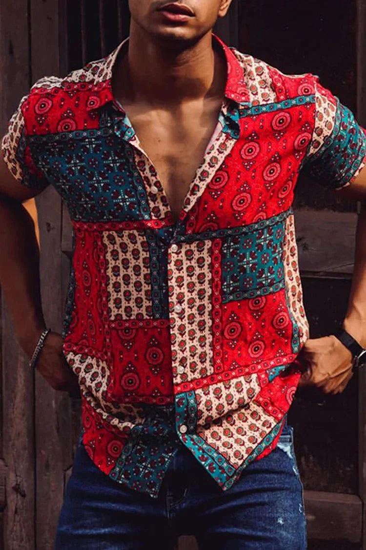 Button-Up Hemd - Kurzarm - Bedruckt - Sommerhemd - Herrenhemd-Rot-S-Chaps Herrenmode
