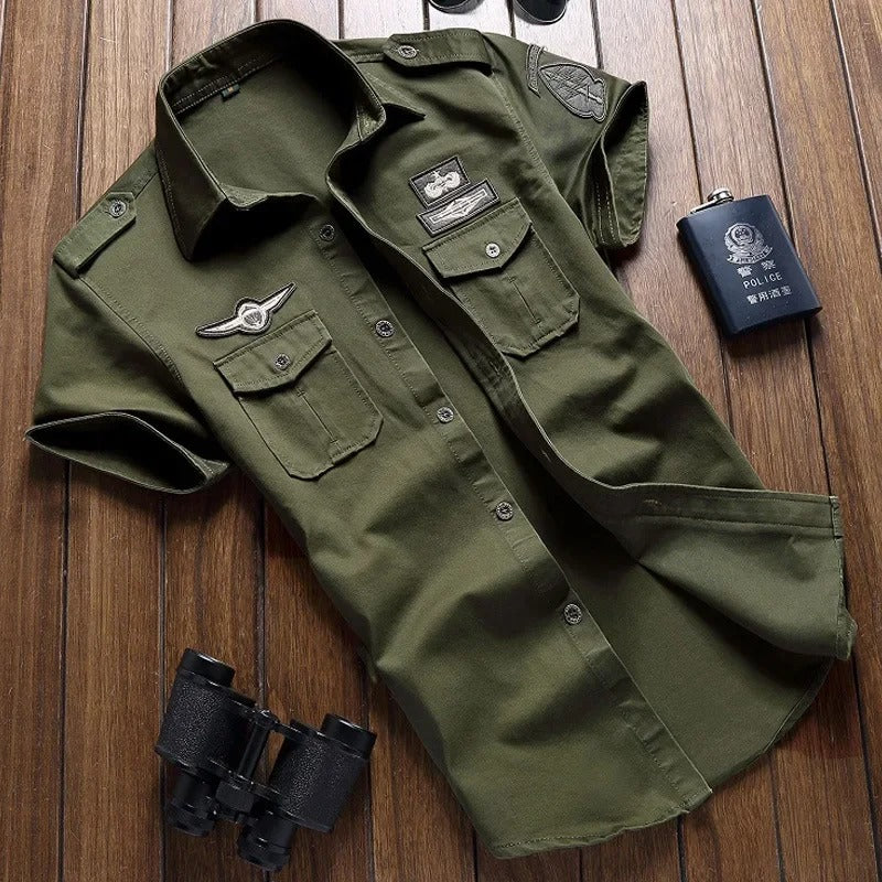Button-Up Hemd | Kurzarm | Brusttaschen | Cargo Hemd | Herrenhemd-Armeegrün-M-Chaps Herrenmode