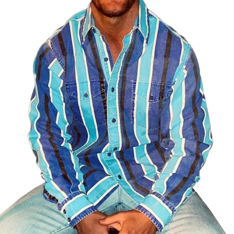 Herren Polohemd Gestreift Retro Button Up Blau - Norvielle
