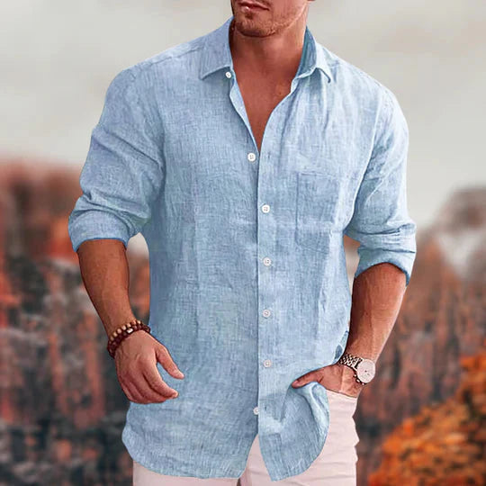 Herren Leinenhemd Langarm Umlegekragen Beige - Norvielle