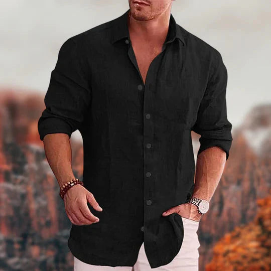 Button-Up Hemd | Umlegekragen | Langarm | Leinenhemd | Herrenhemden-Schwarz-S-Chaps Herrenmode