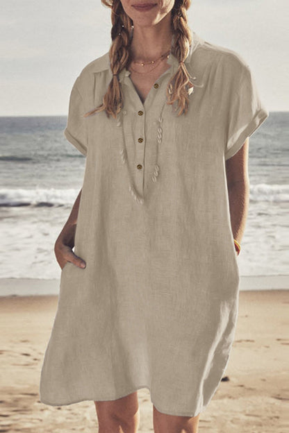 Damen Strandkleid Knopfverschluss Unten Baumwollweiß