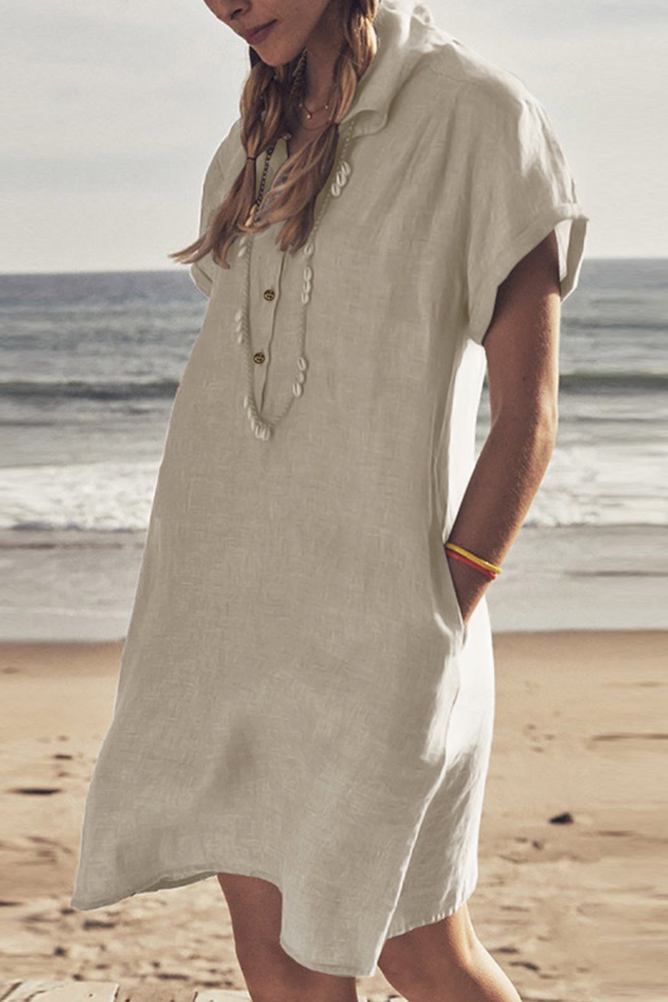 Damen Strandkleid Knopfverschluss Unten Baumwollweiß