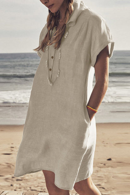 Damen Strandkleid Knopfverschluss Unten Baumwollweiß