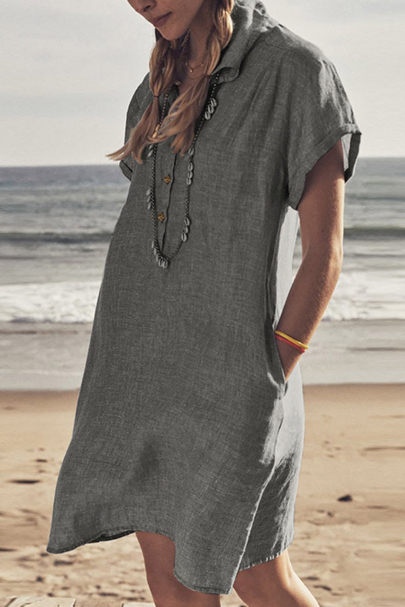 Damen Strandkleid Knopfverschluss Unten Baumwollweiß