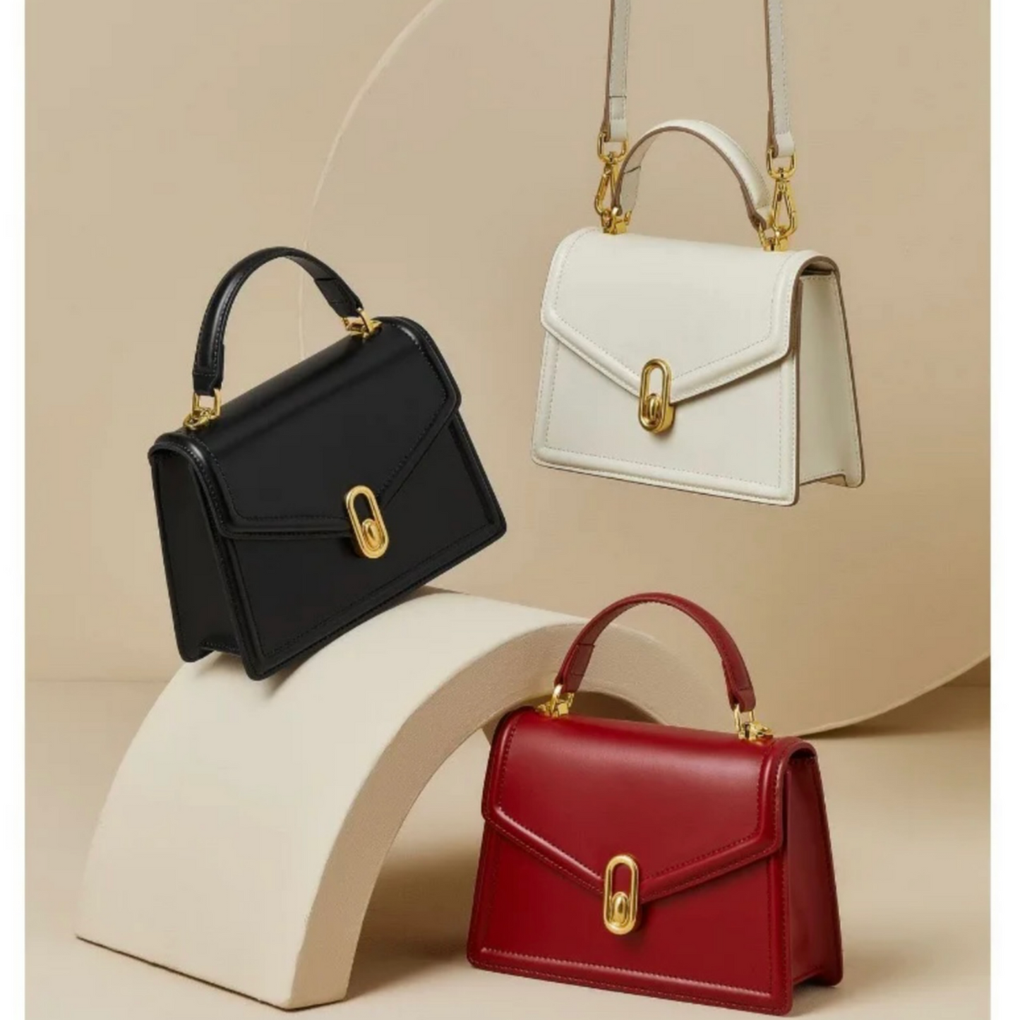 Damenhandtasche Strukturiert Leder -Handle Goldfarben