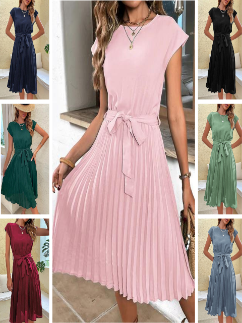 Damen Sommerkleid Kurzarm Knielang mit Taillengürtel