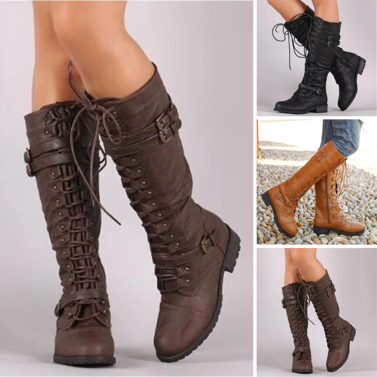 Norvielle Damen Retro Schnürstiefel Leder Braun - Norvielle