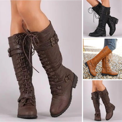 Norvielle Damen Retro Schnürstiefel Leder Braun - Norvielle