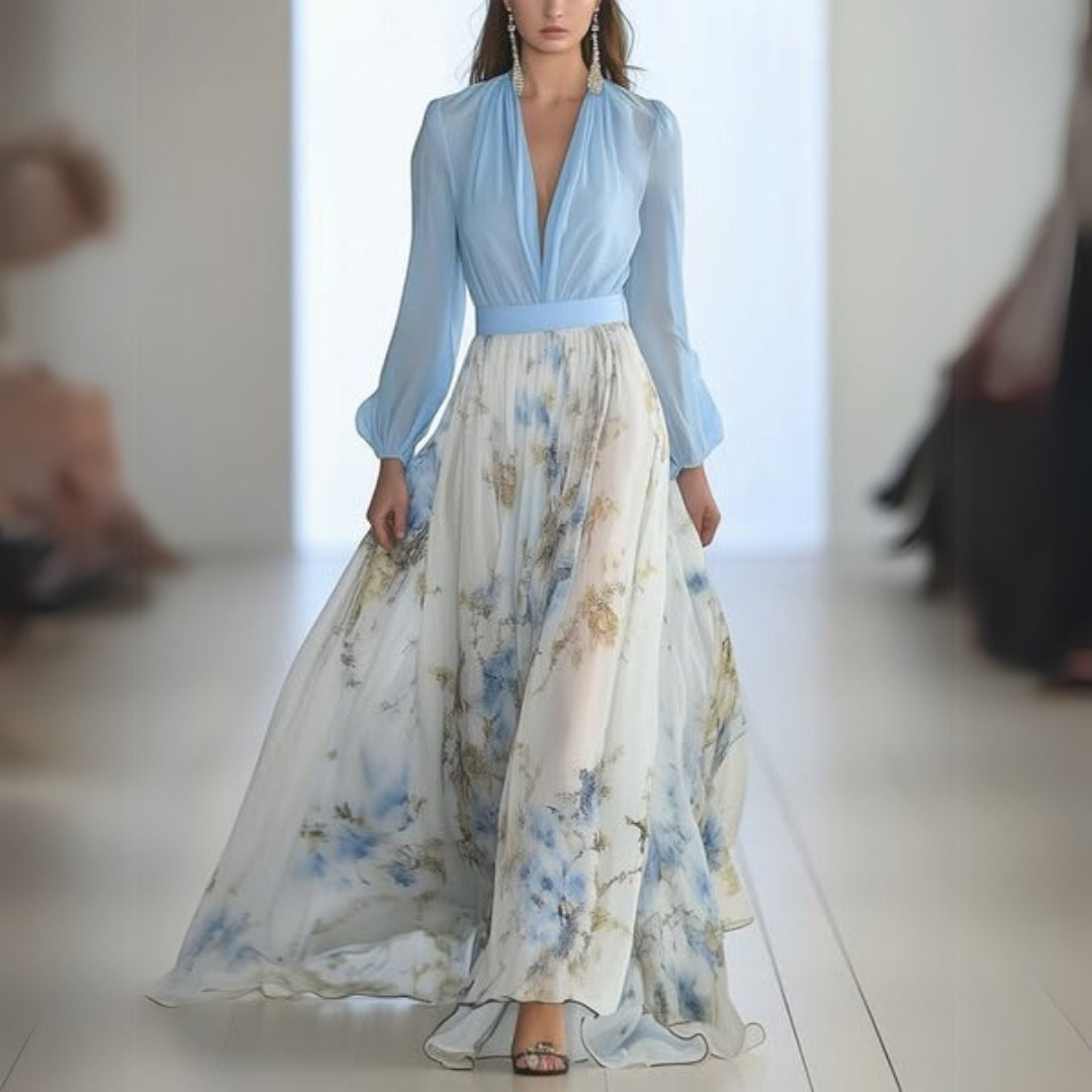 Damen Blumen Maxi-Kleid V-Ausschnitt - Norvielle