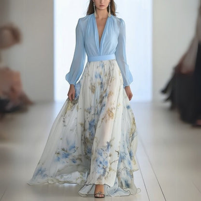 Damen Blumen Maxi-Kleid V-Ausschnitt - Norvielle