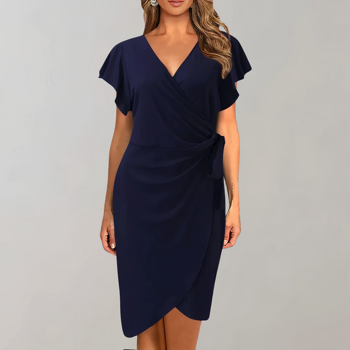 Damen Sommerkleid V-Ausschnitt Gewickelter Bund Elegantes Design