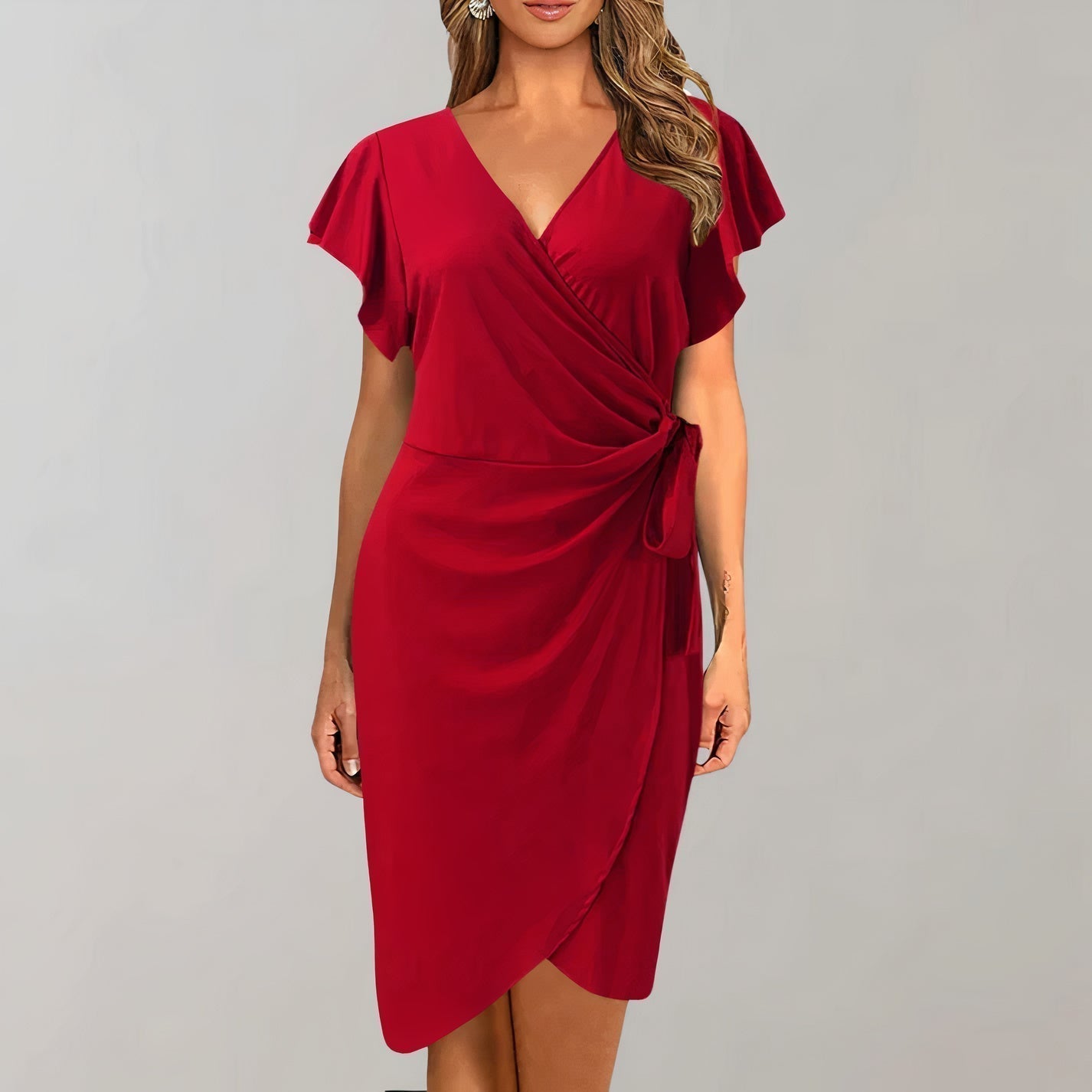 Damen Sommerkleid V-Ausschnitt Gewickelter Bund Elegantes Design