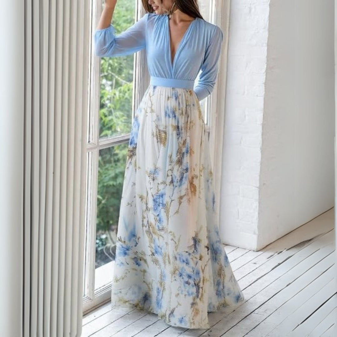 Damen Blumen Maxi Kleid V-Ausschnitt